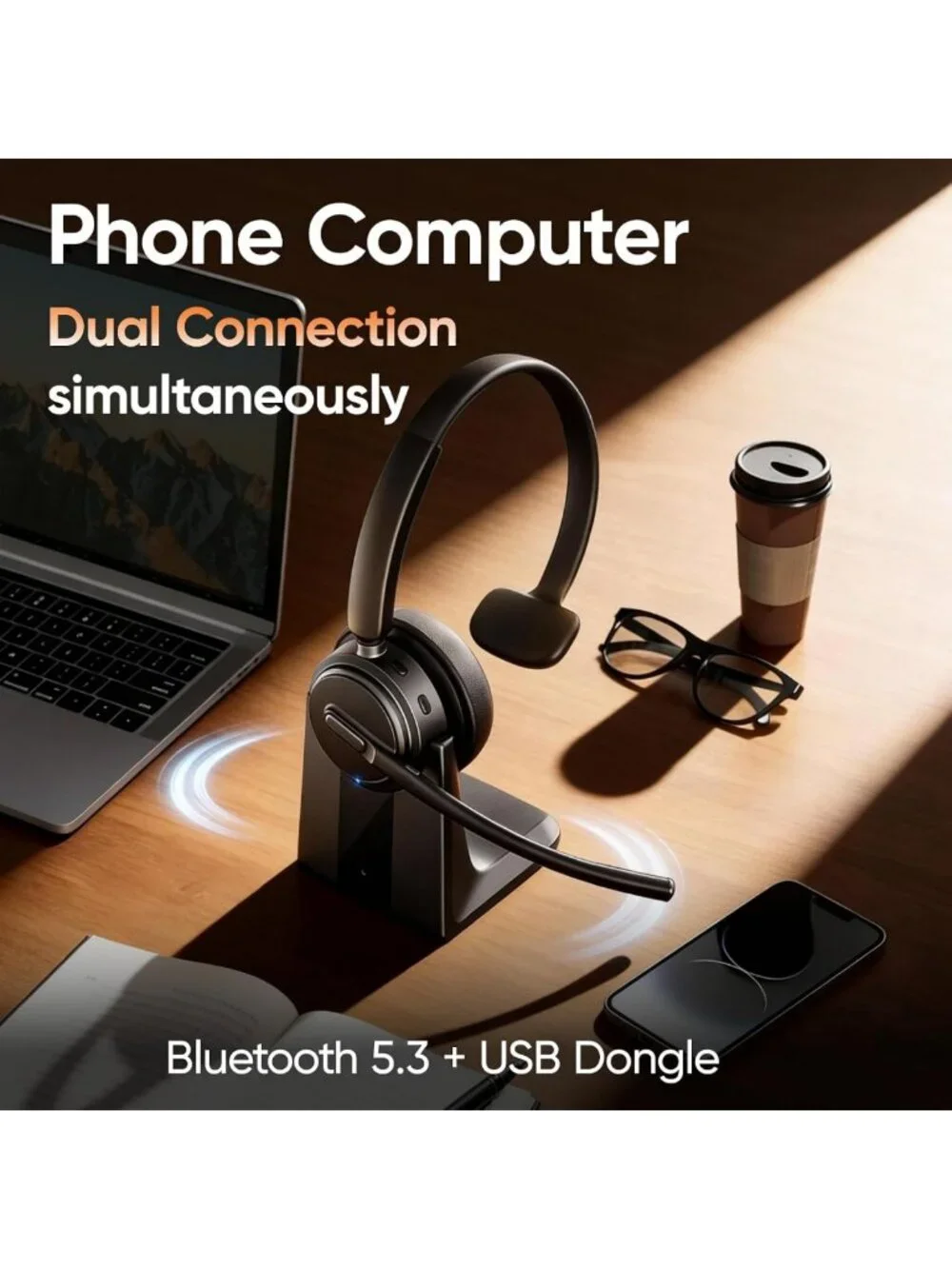 Bluetooth Wireless Headset with Mic, ENC Noise Cancelling, Ideal for Work